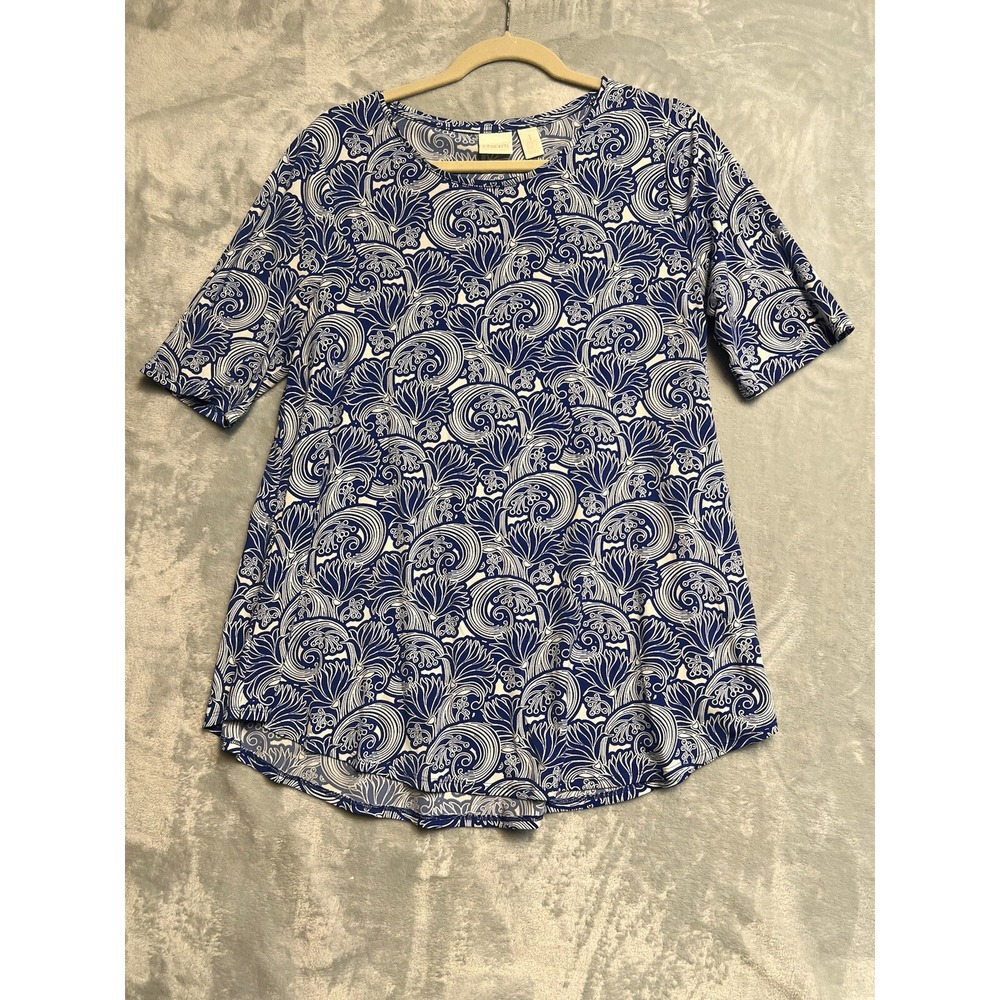 Chicos Blue White Abstract Swirl Floral Tunic‎ Top Short Sleeve Size 1 M